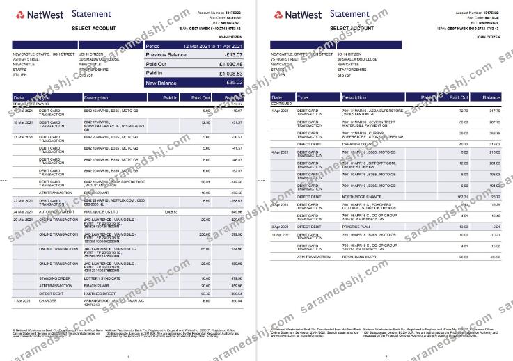 United Kingdom Natwest bank statement template in Word and PDF format (2 pages)